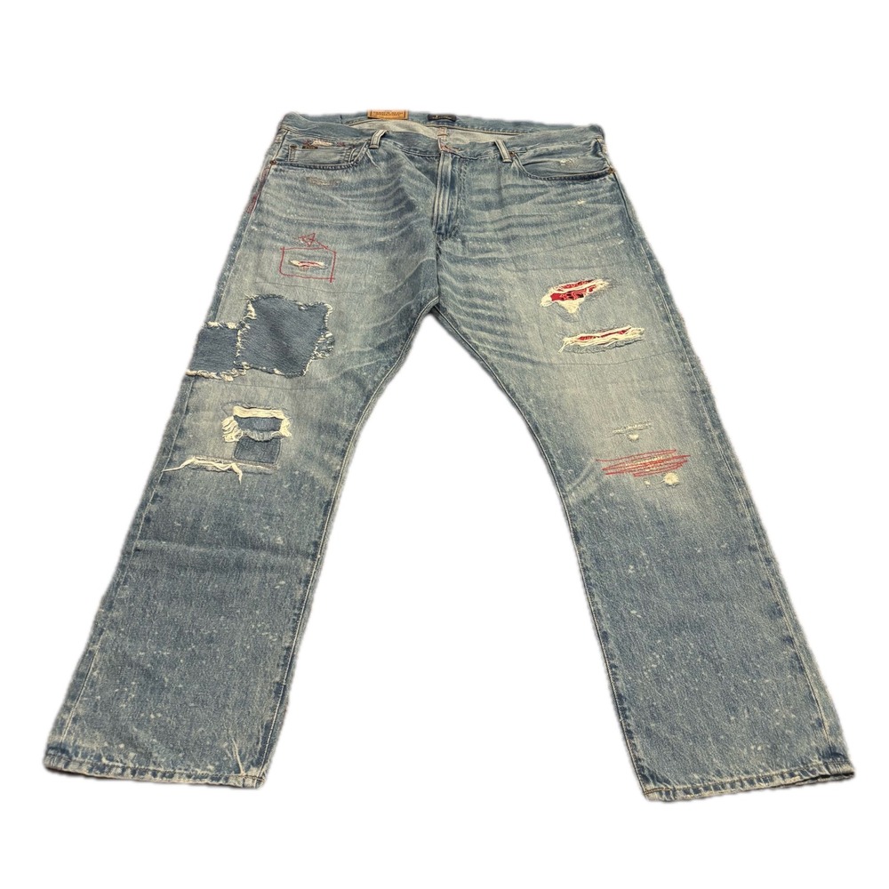Polo Ralph Lauren Varick Slim Straight Distressed Bandana Jeans 38x30 Light Wash